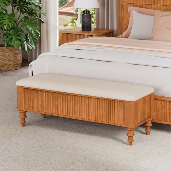 51" Storage Ottoman Bench, Upholstered Tufted End of Bed Ottomans with Safety Hinges, Rubberwood Entryway Bench with Seating for Bedroom, Natural