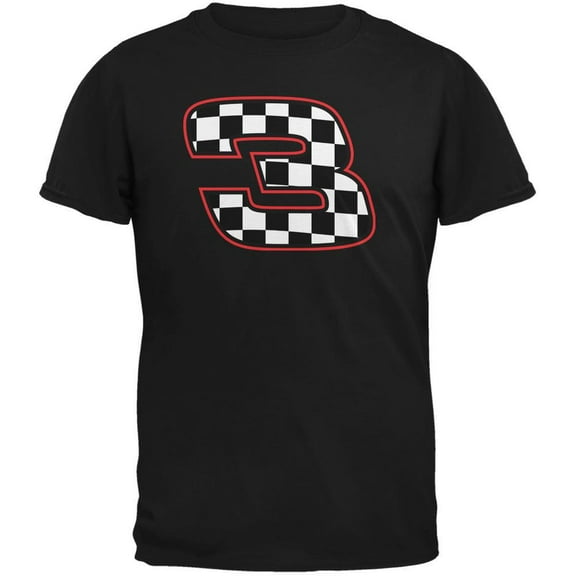 Racing Number 3 Checkered Flag Black Adult T-Shirt - Medium