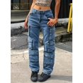 thumbnail image 5 of Women's High - Waisted Cargo Wide - Leg Jeans Loose Fit Y2K Street Trend Fashion Casual Cotton Denim Multi - Pocket Design, Vintage Wash Fashion Casual Pants for Daily  Outdoor, 5 of 5