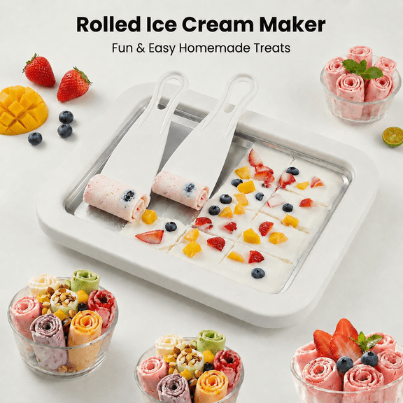 VALUNE Rolled Ice Cream Maker Kit with 2 Scrapers, No Electricity Needed, Stainless Steel Freezing Plate for Homemade Rolled Ice Cream, Frozen Yogurt and Sorbet, White