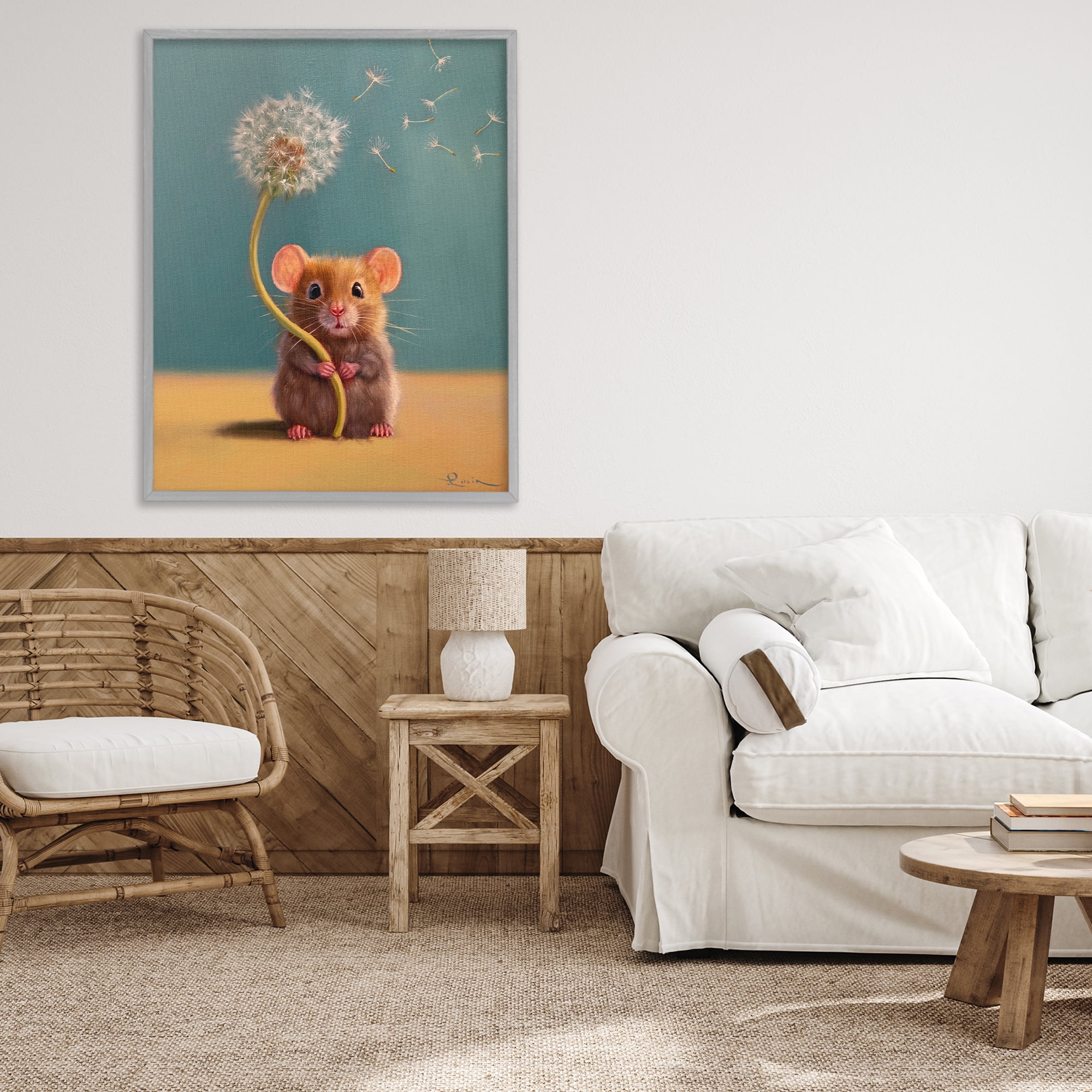 Tiny Wishes Mouse & Dandelion Gray Framed Giclee Art, design by Lucia Heffernan