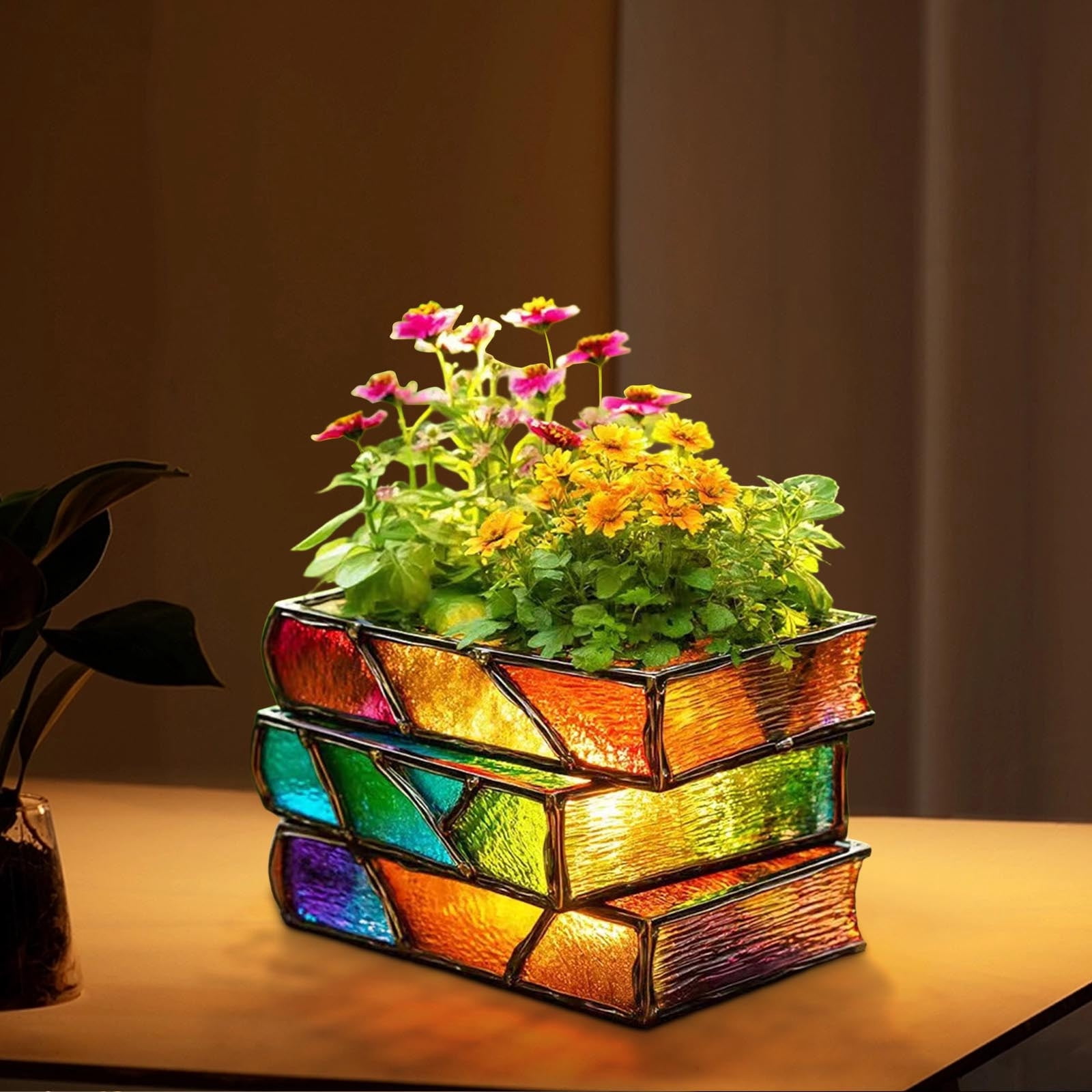 YardVibe Books Flower Planter, Stacked Books Flower Pot, Flower Pots for Indoor Plants, Decorative Flower Pots with Drainage Hole, Novelty 3D Painted, Resin Crafts Ornaments Gift