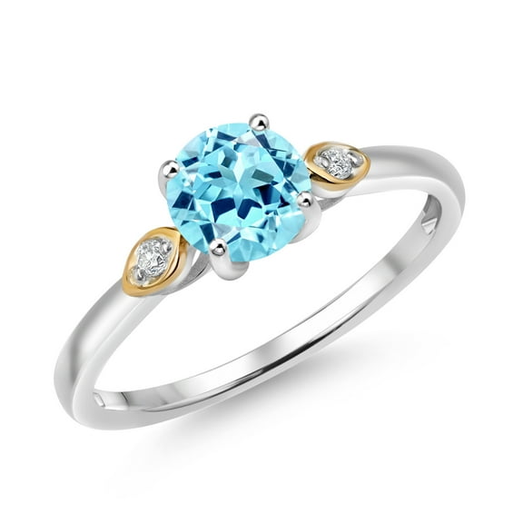 Gem Stone King 925 Silver and 10K Yellow Gold Blue Apatite and White Lab Grown Diamond 3-Stone Engagement Ring for Women (0.85 Cttw, Round 6MM, Gemstone Birthstone, Size 8)