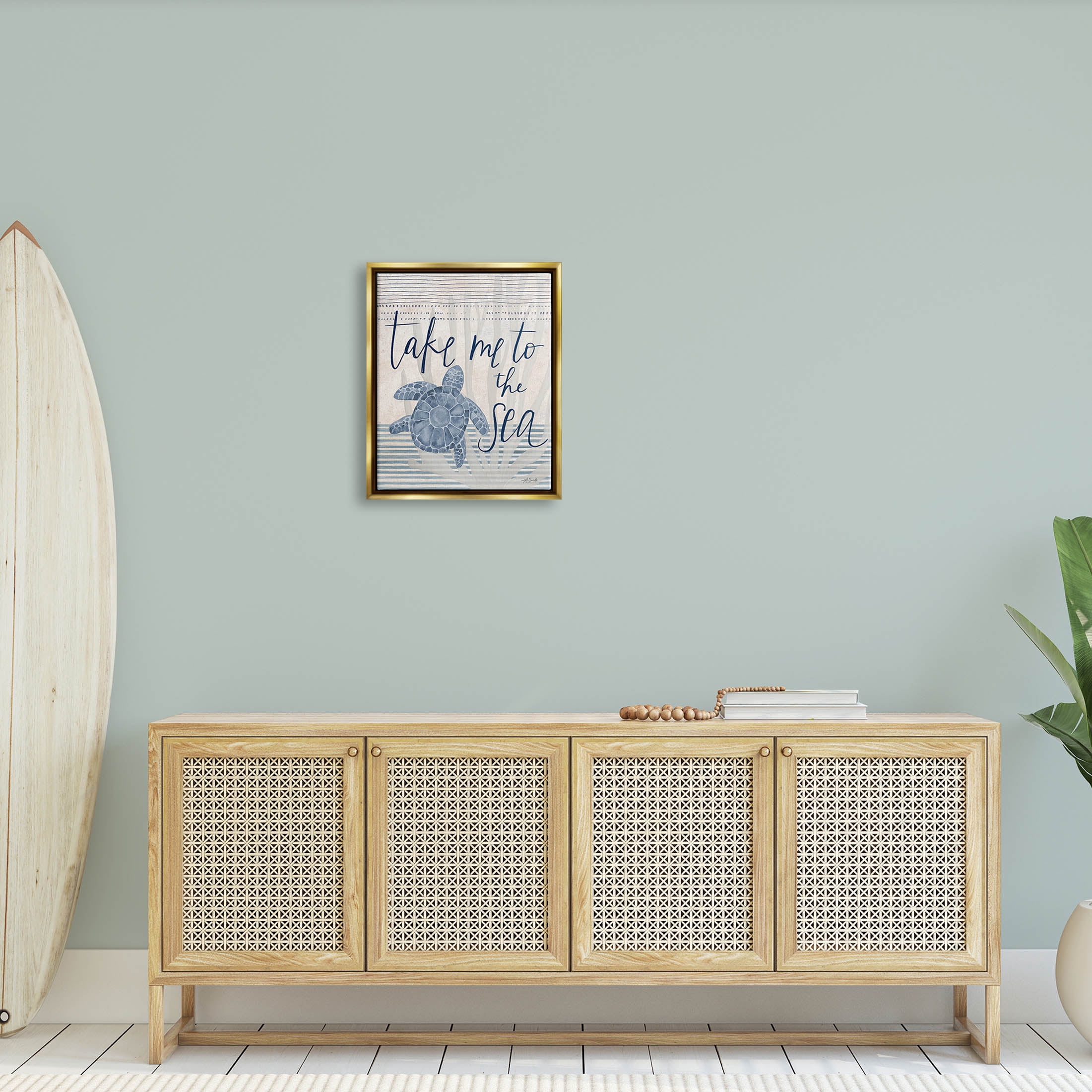 Stupell Industries Take Me To Sea Patterned Turtle Stripes Graphic Art Metallic Gold Floating Framed Canvas Print Wall Art, Design by Katie Doucette