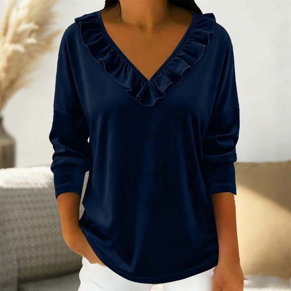 Karight Velvet Tops for Women Dressy Casual V Neck with Ruffled Trim Shirts Loose Fit Long Sleeve Vintage Velour Blouse