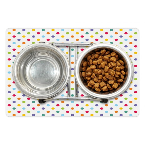 Abstract Pet Mat for Food and Water, Colorful Polka Dots Round Circular Vintage Fashion Girls Feminine Baby Design, Non-Slip Rubber Mat for Dogs and Cats, 18" X 12", by Ambesonne