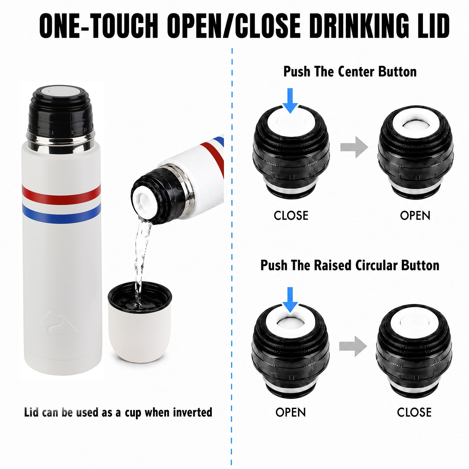 Ozark Trail 18oz Vacuum Insulated Stainless Steel Double Wall Thermal Water Bottle with Cup, Red and Blue Strip