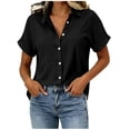 thumbnail image 3 of VBVC Women's Cotton Linen Button Down Blouse , Ladies' V Neck Short Sleeve Work Shirt , Summer Loose Fit Solid Tunic Top For Women, Black , S-2XL, 3 of 7