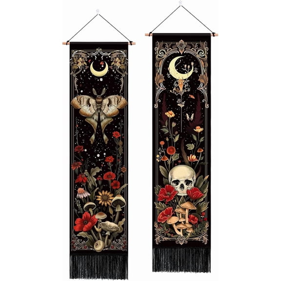 MORAVE Pack of 2 Witchy Gothic Vertical Tapestries, Moth Moon Skull Mushroom Retro Floral Flowers Tapestry, Aesthetic Art Wall Bedroom Decor for Room