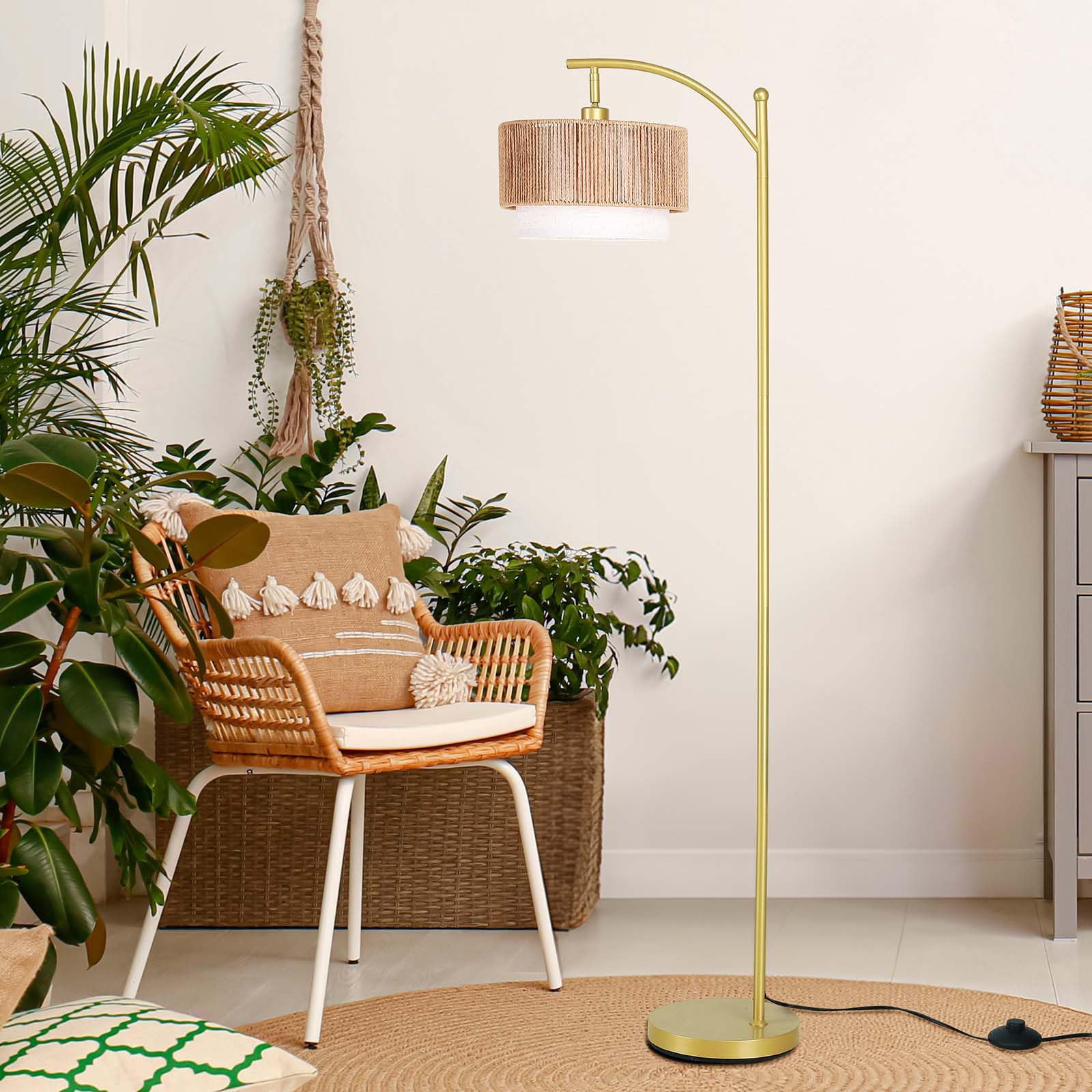 Floor Lamps For Living Room With 12w Led Bulb  Arc Lamp 3 Color Temperatures Farmhouse Adjustable Rattan & Fabric Shades Boho Standing Bedroom Corner