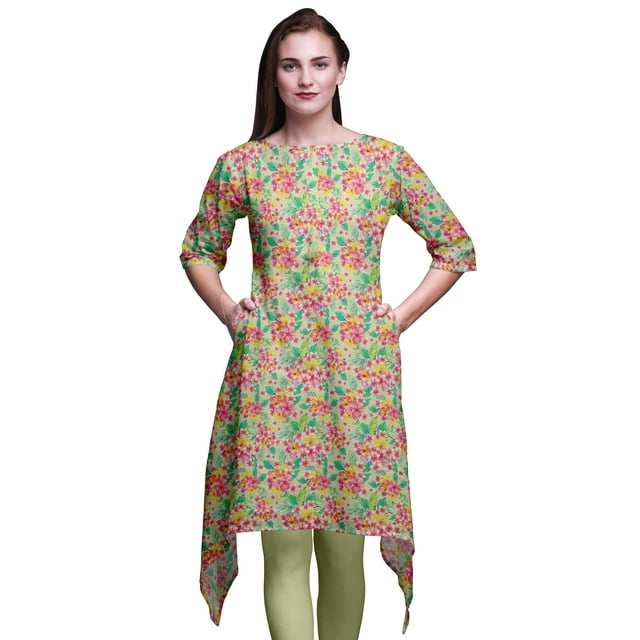 Bimba Hauts Kurti Asymétriques Beige à Imprimé Plumeria et Floral pour Femmes Robe d'Été Indienne Tunique Moyen