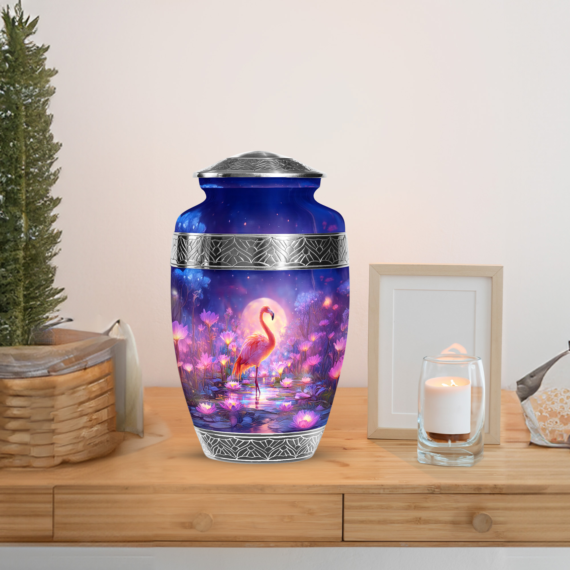 MUKTIVE Flamingo Cremation Urns for Human Ashes Men and Women 10 Inch, Moon Burial Urns for Adult Human Ashes, Large Blue Urn, Funeral Urn for Adult Male