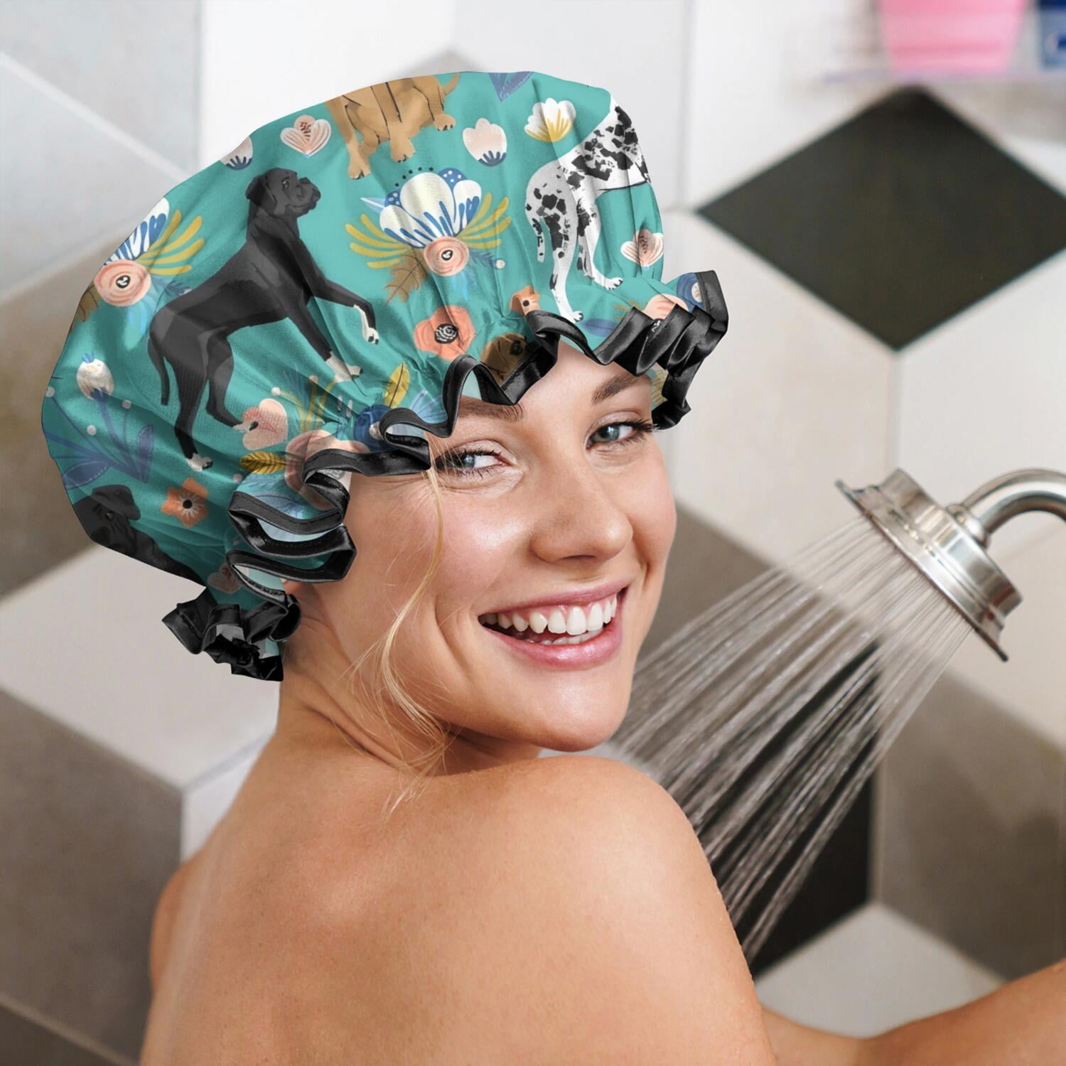 Shower Caps,Dog Pattern with Pioneer Flower Background Waterproof Shower Cap for Women 4 Pieces,Double Reusable Hair Cover for Shower PEVA Elastic Stretch Hem