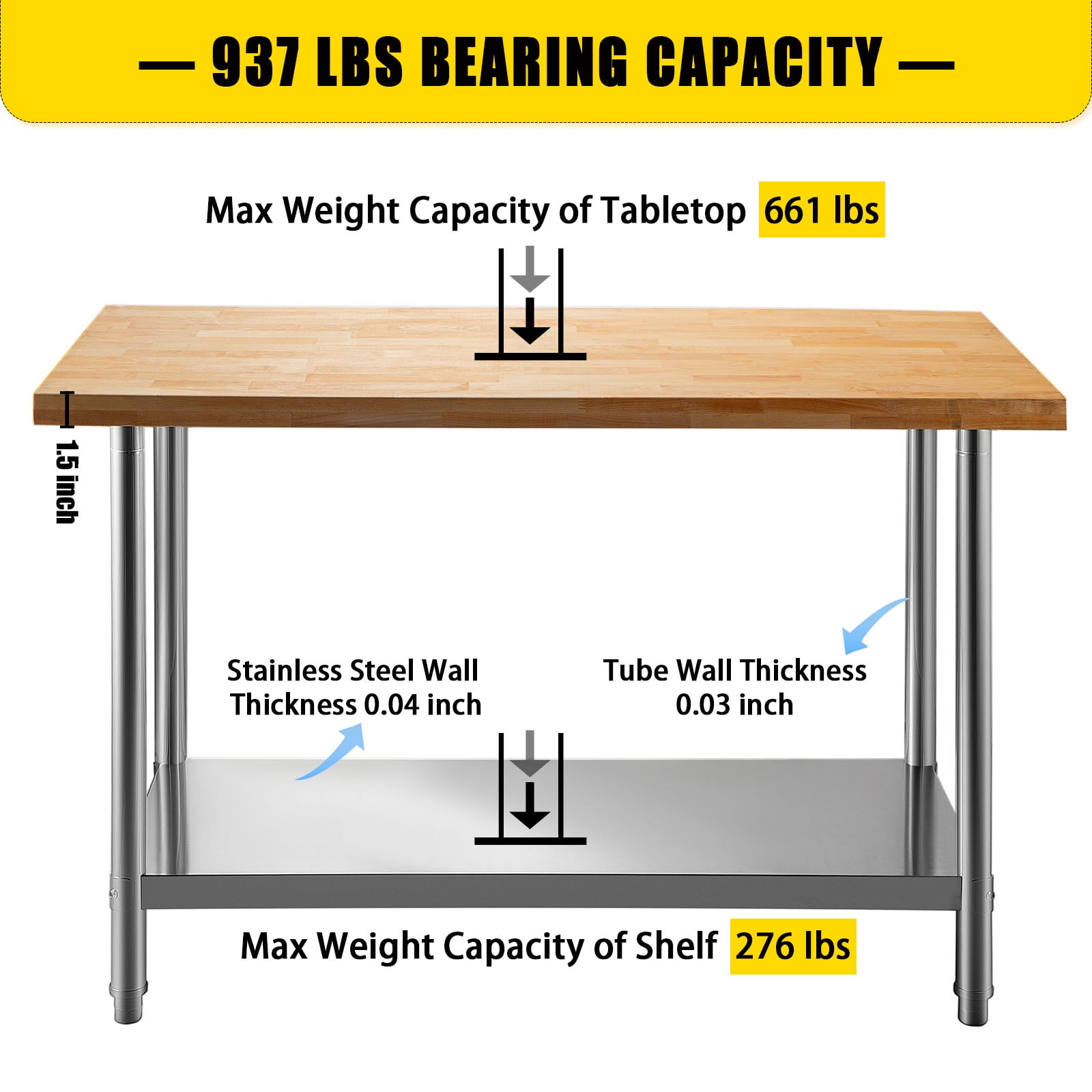 US Maple Top Work Table - 30 x 60 x 35 Inch Commercial Butcher Block Wooden  Workbench with Open Base Stabilizing Leg Cross Braces - Fits Restaurant