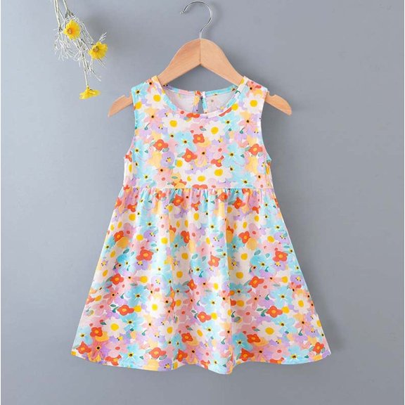 Girls Sleeveless Floral Sundress Kids Summer Casual A-Line Viscose Dress Multicolor,Size 6-7 T