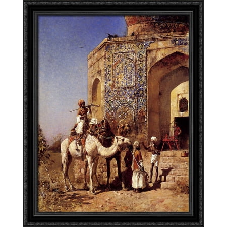 Old Blue'Tiled Mosque, Outside of Delhi, India 28x34 Large Black Ornate Wood Framed Canvas Art by Edwin Lord Weeks