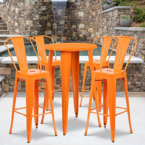 Emma Oliver Commercial 24" Round Orange Metal Indoor-Outdoor Bar Table Set-4 Cafe Stools