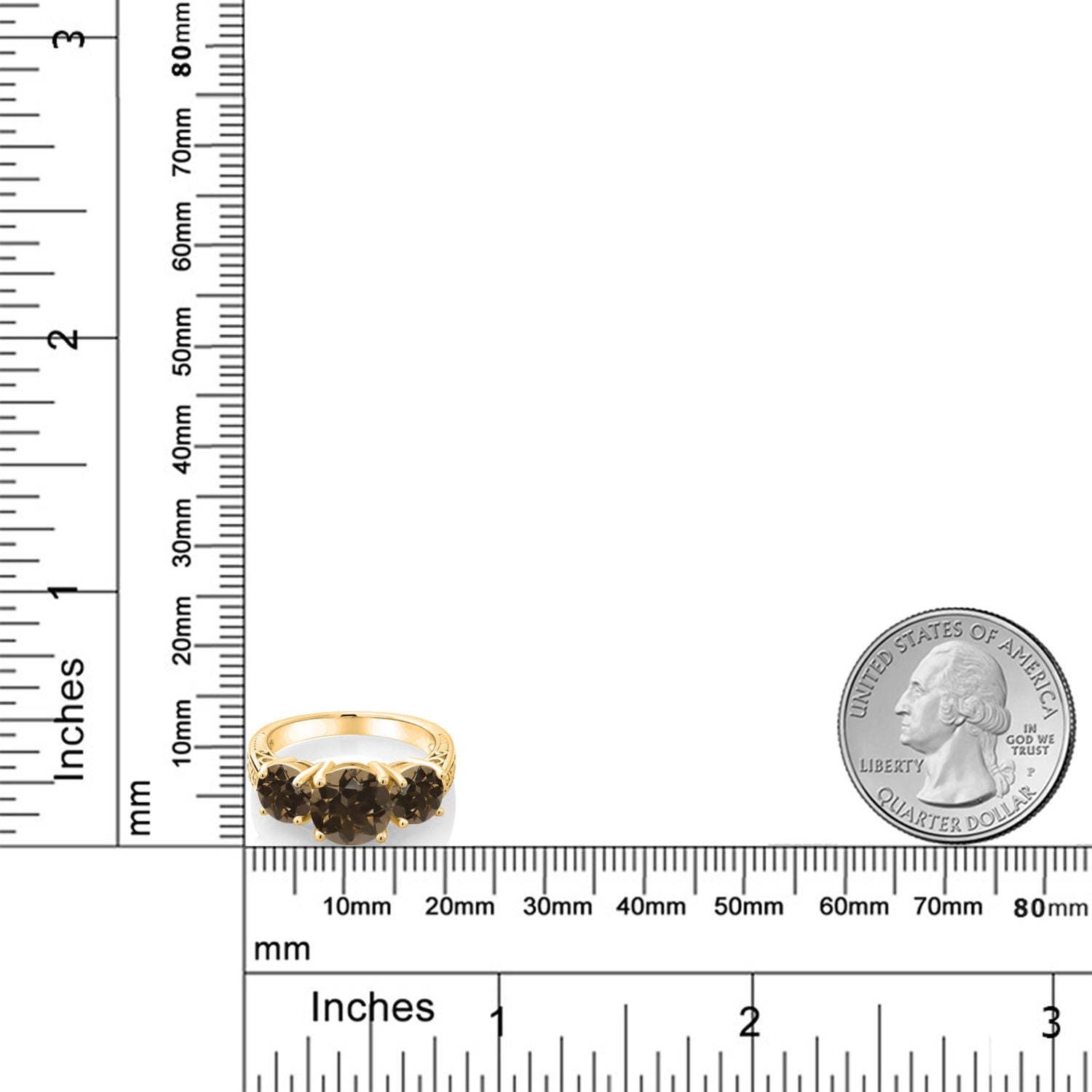 Gem Stone King 18K Yellow Gold Plated Silver Round Brown Smoky Quartz 3-Stone Ring for Women | 3.40 Cttw | Gemstone Birthstone | Wedding Engagement Anniversary Promise Ring for Women| Size 5