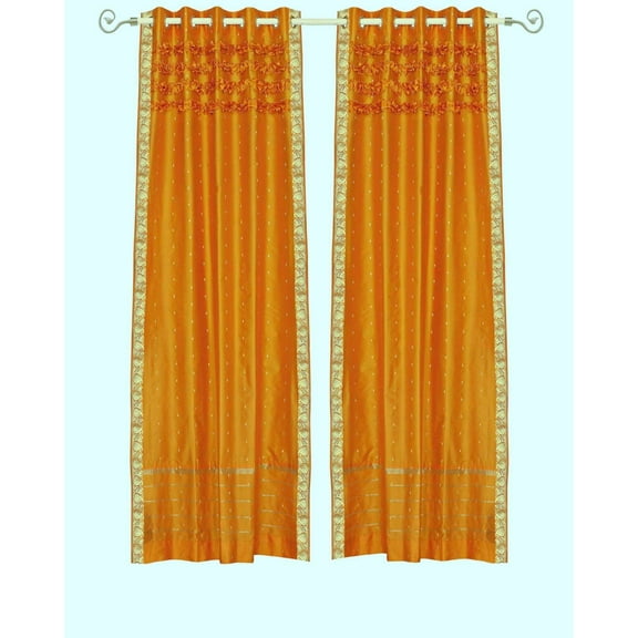 Lined-Mustard Hand Crafted Grommet Sheer Sari Curtain Drape -43Wx96L-Piece