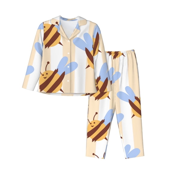 Honeii A Bee Print Women's Pajama Sets Long Sleeve Button Down Sleepwear Nightwear Soft Pjs Lounge Sets 2PCS-