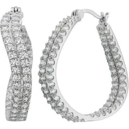 CZ Platinum-Plated Sterling Silver Twisted Inside-Out Hoop Earrings