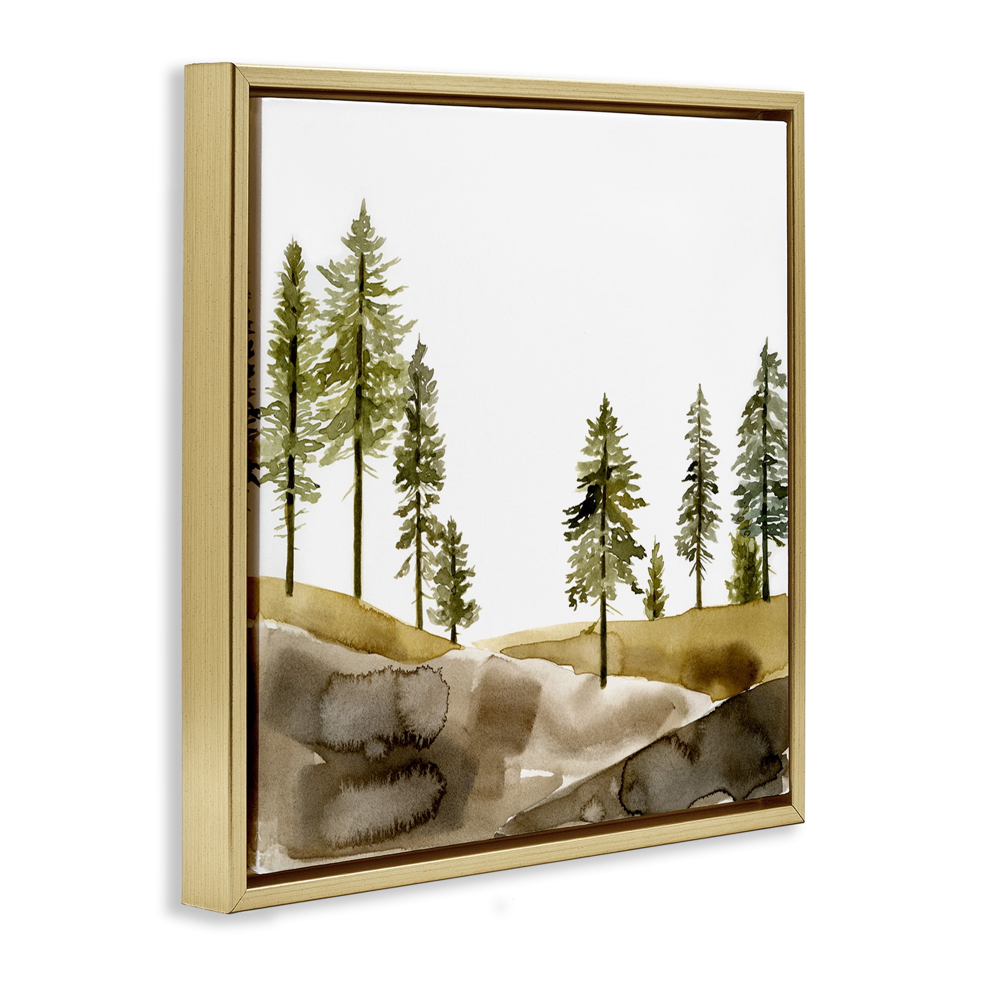 Stupell Industries Pine Tree Forest Watercolor Landscape Painting Gold Floater Framed Canvas Art Print Wall Art, 25 x 25