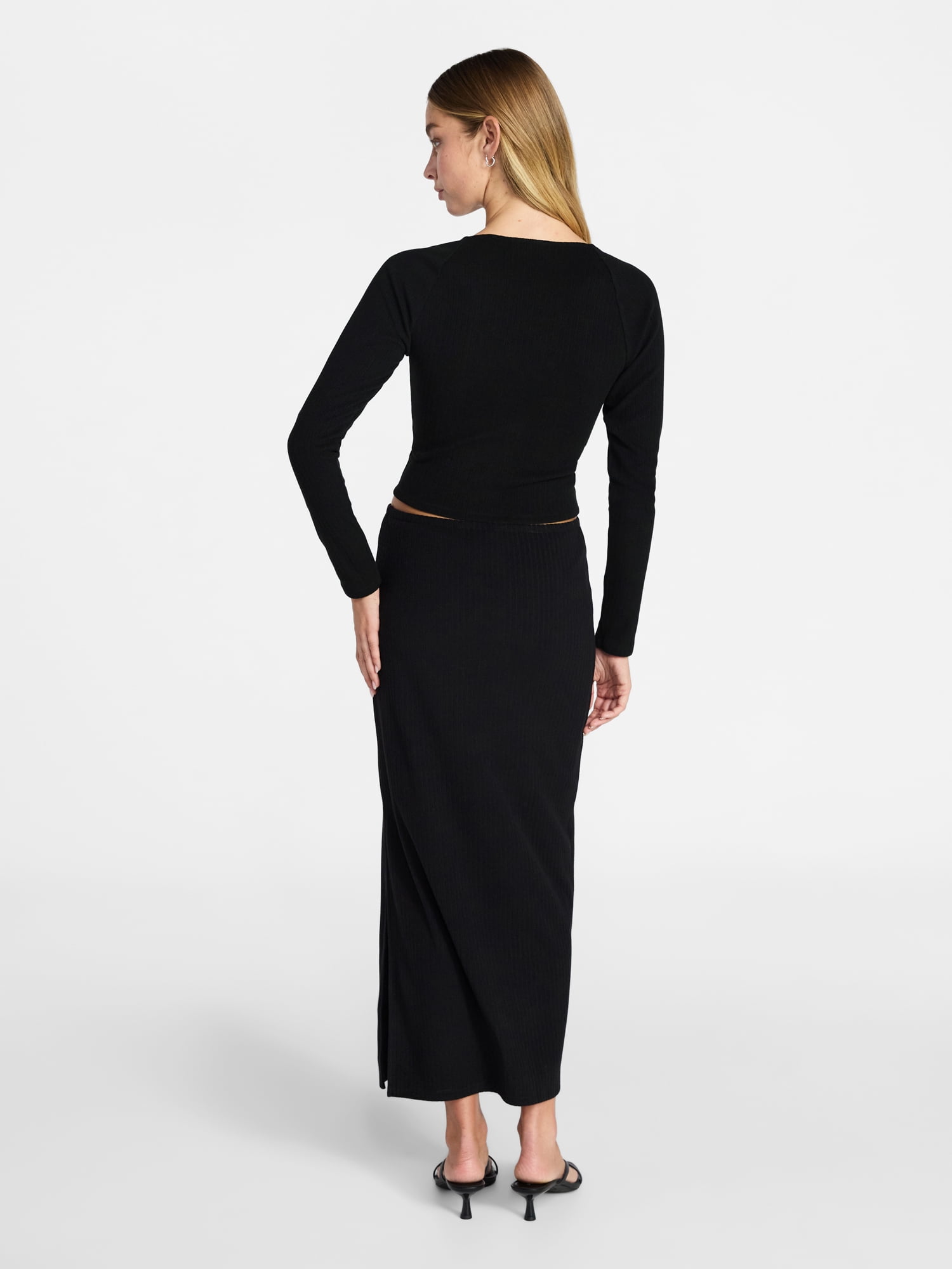 No Boundaries Long Sleeve Ruched Front Top and Maxi Skirt Set, 2-Piece, Women's XXS-XXL