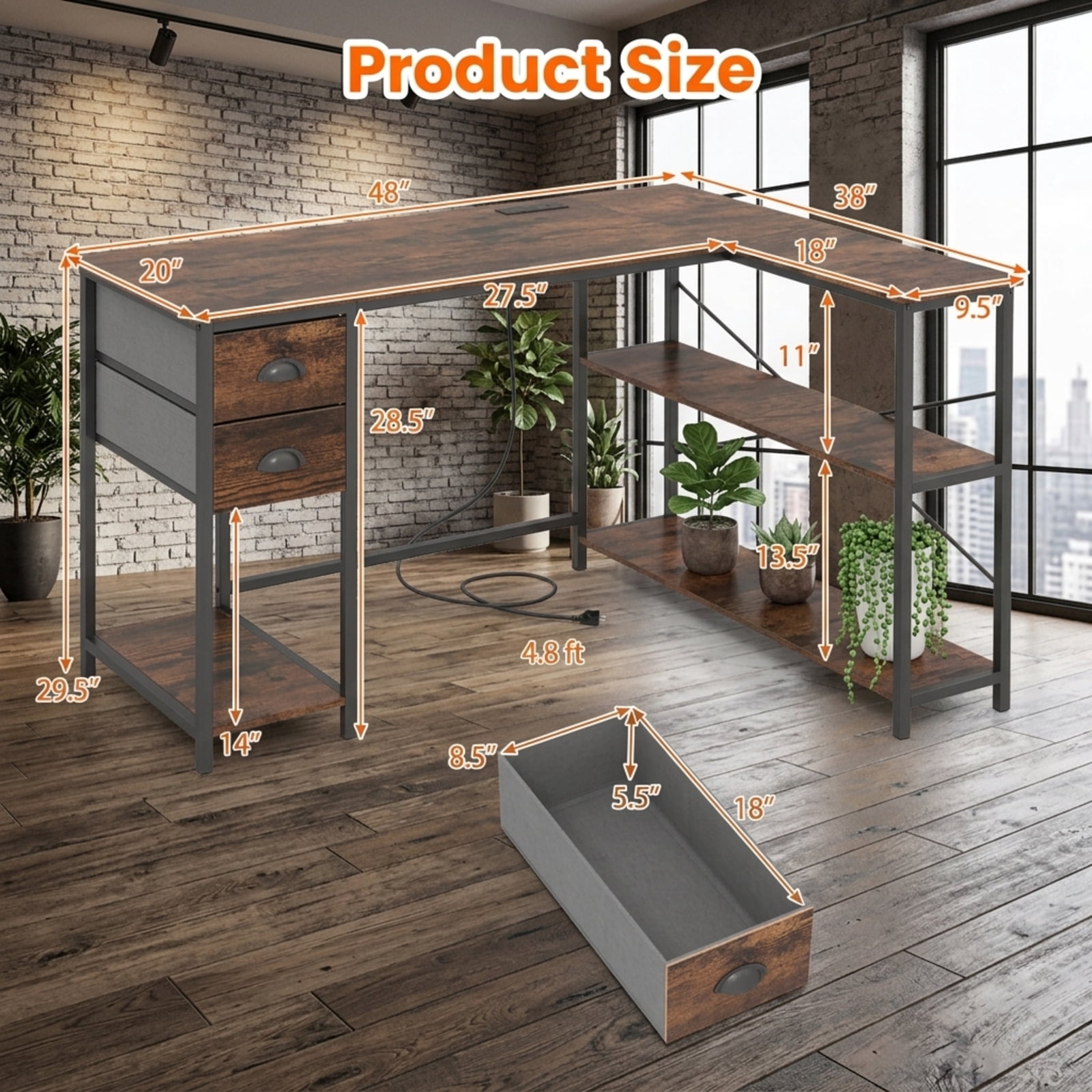 Furnibear L Shaped Desk with Charging Station, Corner Computer Desk with 2 Fabric Drawers Open Shelves and Metal Frame for Home Office, Rustic Brown
