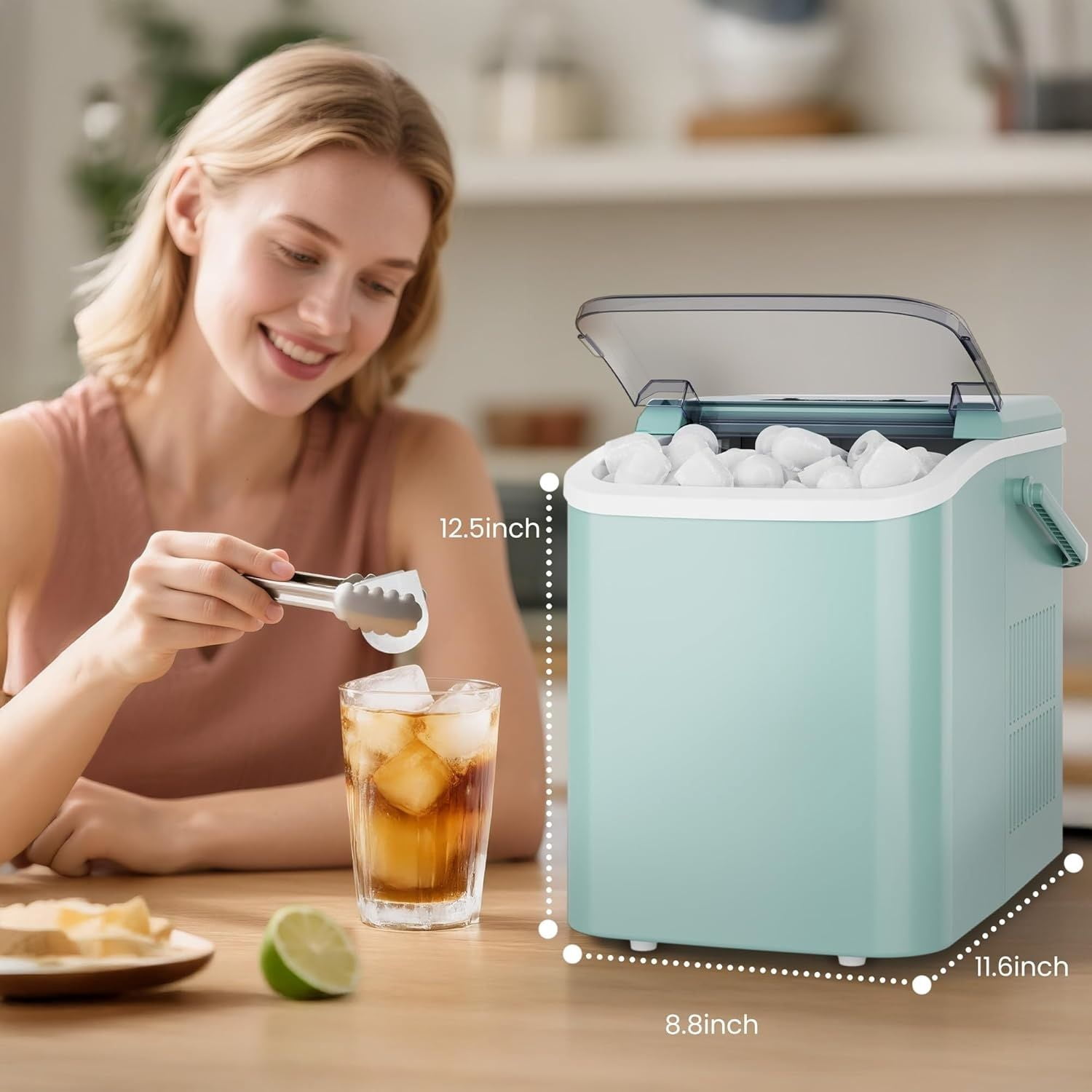 Countertop Ice Maker with Handle, 26lbs/24H Portable Ice Machine, 9 Bullet Cubes Ready in 6 Mins, Self-Cleaning, Quiet Compact for Home, Kitchen, RV, Camping, Green