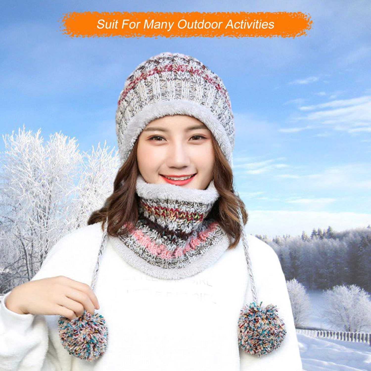 Zhengup Women Winter Beanie Hat Circle Scarf Set Pompoms Peruvian Ski Snow Ear Flaps Sherpa Knit Hats Fleece Lined,S to M Size Head