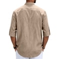 thumbnail image 4 of Satingcolo Linen Henley Shirts for Men V Neck Long Sleeve Band Collar Button Shirts Casual Breathable Vacation Hippie Top,Khaki 4XL, 4 of 5