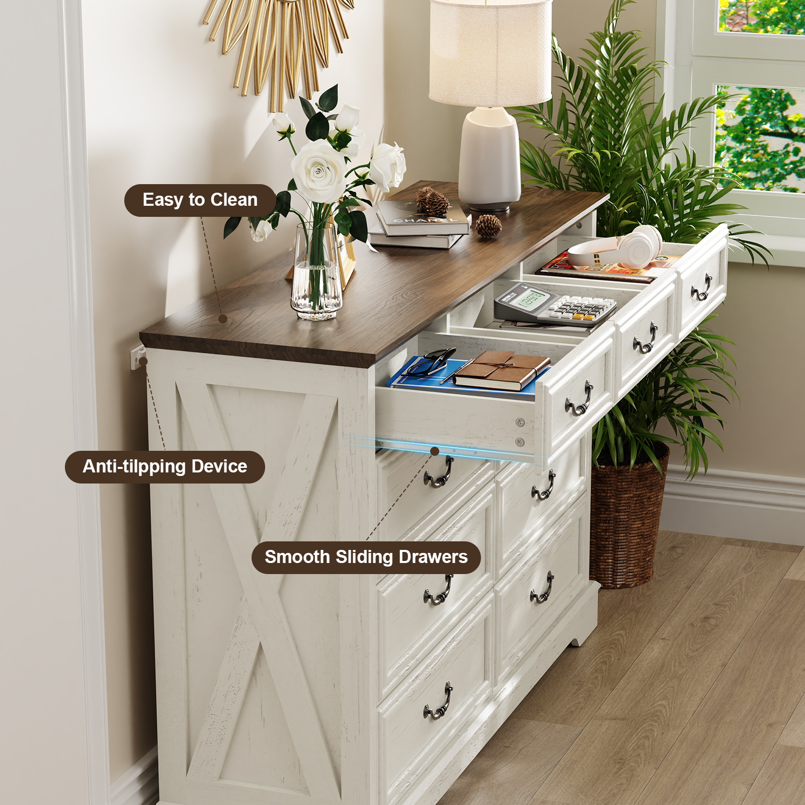 Vintage 9-Drawer Dresser with Antique Handles - Versatile Chest of Drawers for Bedroom, Living Room, Entryway & Hallway