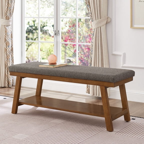 LUMAMIN Modern Linen Entryway Bench, Ottoman Bench with Lower Storage Shelf and Padded Cushion, 45'' Bed End Bench for Bedroom, Living Room or Entryway Seating, Linen