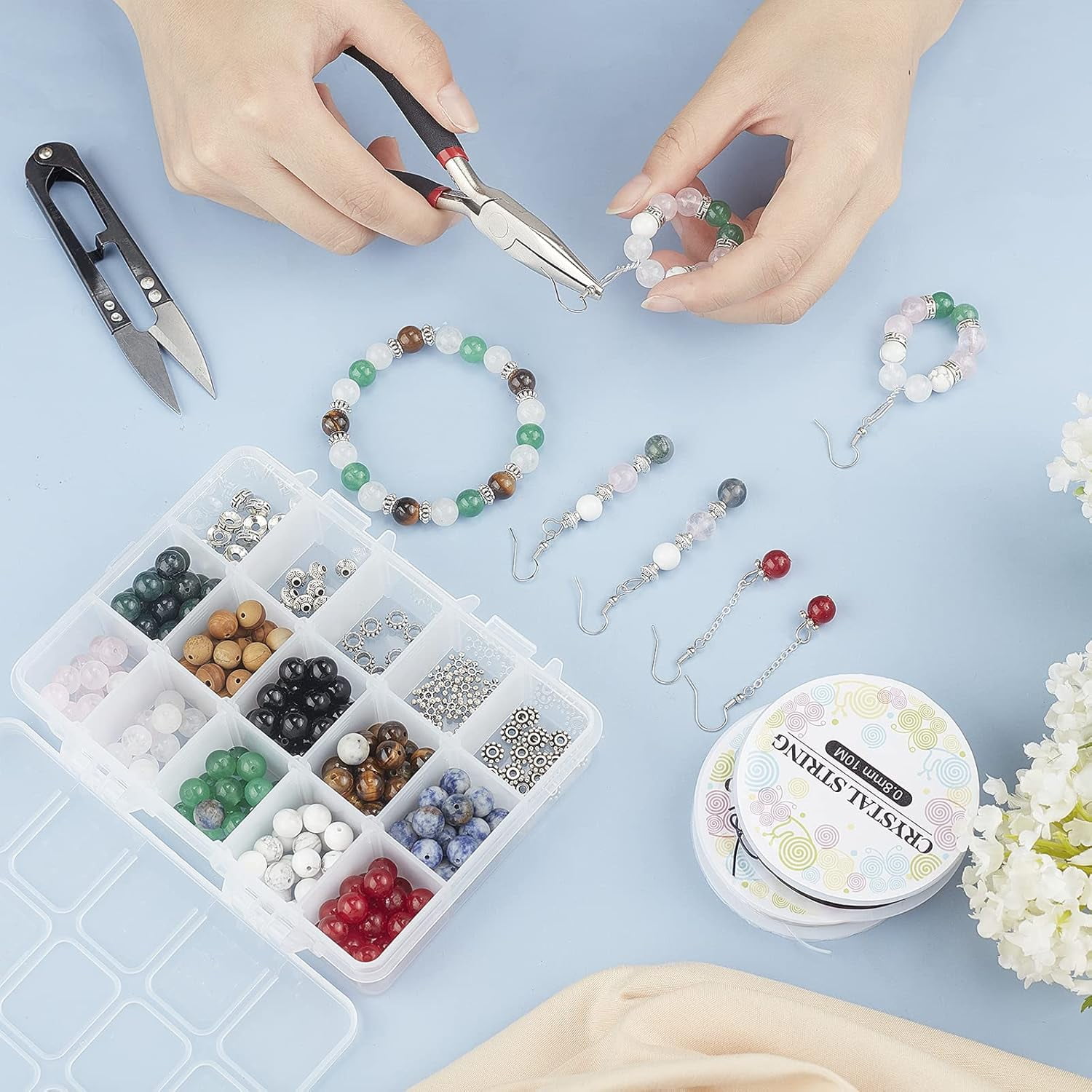 1 Box 350Pcs+ Stone Beads Box Set Kits 10 Material 8mm Gemstone Round Beads 5 Styles Alloy Spacer Beads & Thread & Scissors for DIY Bracelet Jewelry Making