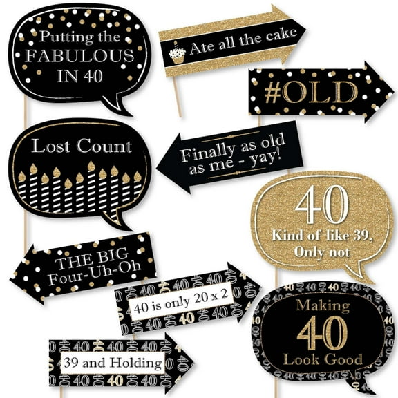 Big Dot of Happiness Funny Adult 40th Birthday - Gold - Birthday Party Photo Booth Props Kit - 10 Piece