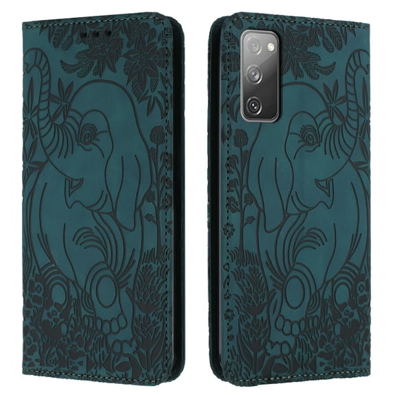 Allytechgroup Slim Case for Samsung Galaxy S20 FE, Flip Folio Stand Cards Slots Hand Wrist Elephant Embossed Retro PU Leather Wallet Phone Case Cover for Samsung Galaxy S20 FE, Green