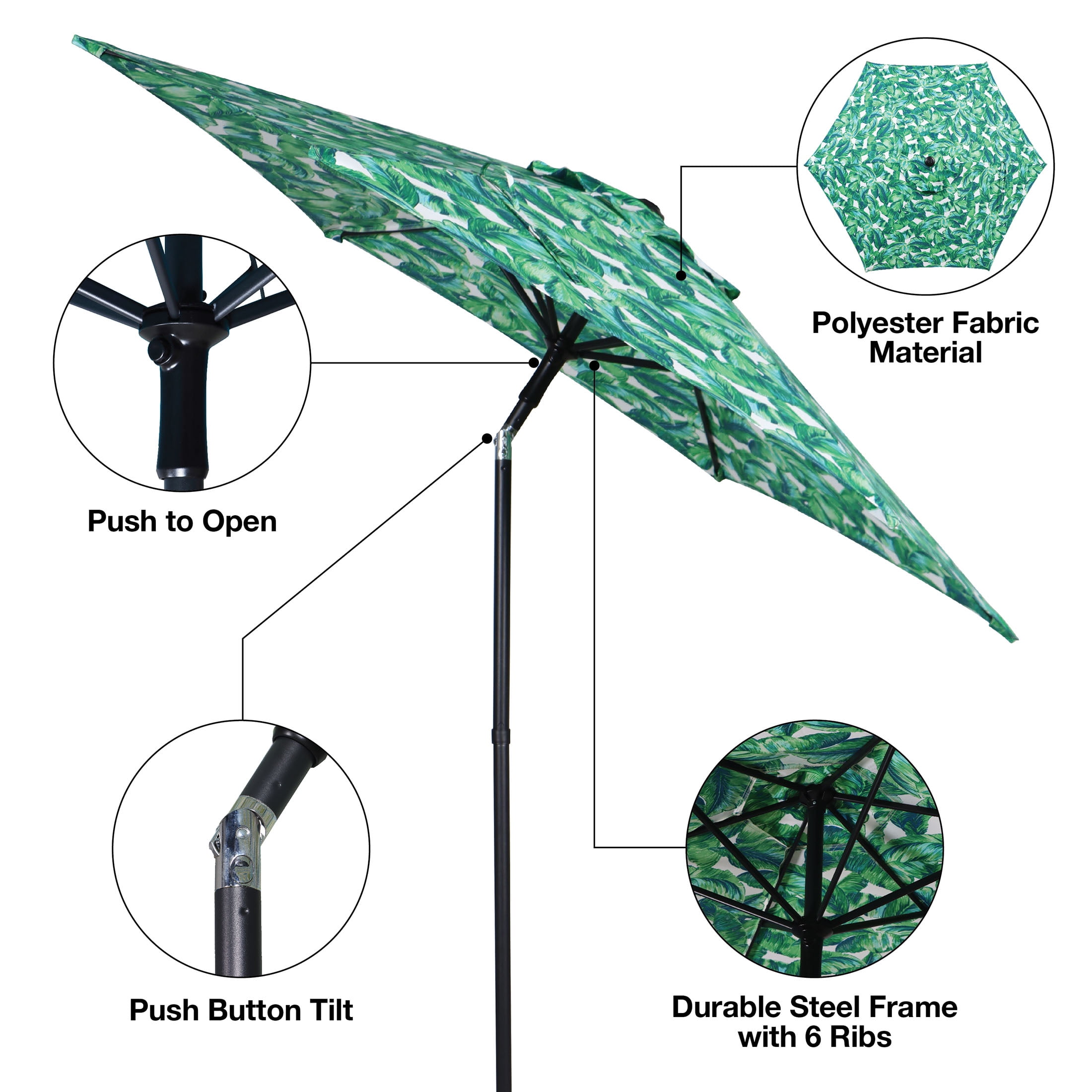 Mainstays Outdoor 7.5 Foot Palm Print Round Push-up and Tilt Market Patio Umbrella