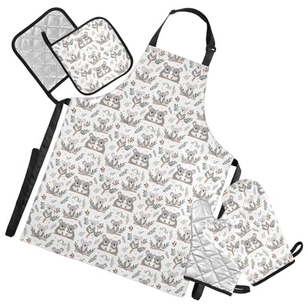 Cute Koala with Leaf 5 Pcs Kitchen Set Heat Resistant Oven Mitts and Non-Slip Pot Holders with Adjustable Cooking Apron