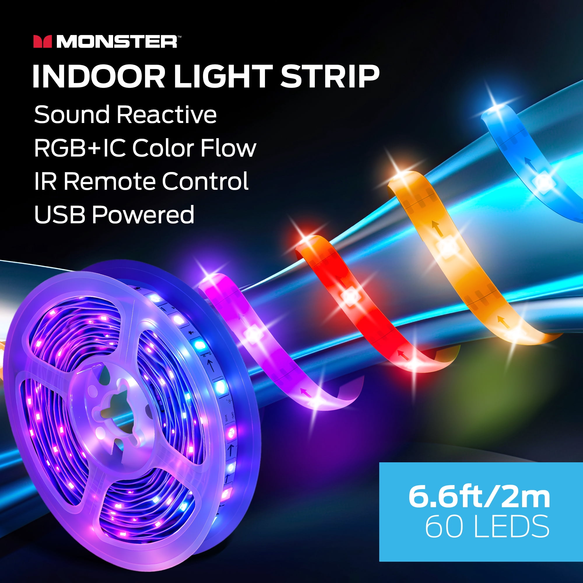 Monster 6.6ft Indoor LED Strip Lights, Multicolor Flow LED Lights for Bedroom & TV, Sound Reactive, USB Powered with Remote