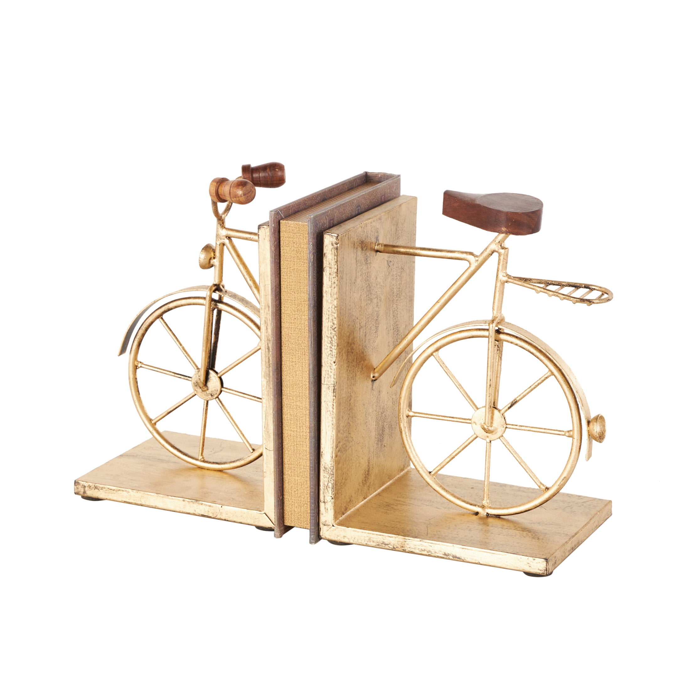 DecMode 6" Bike Gold Metal Bookends with Wood Accents (Set of 2)