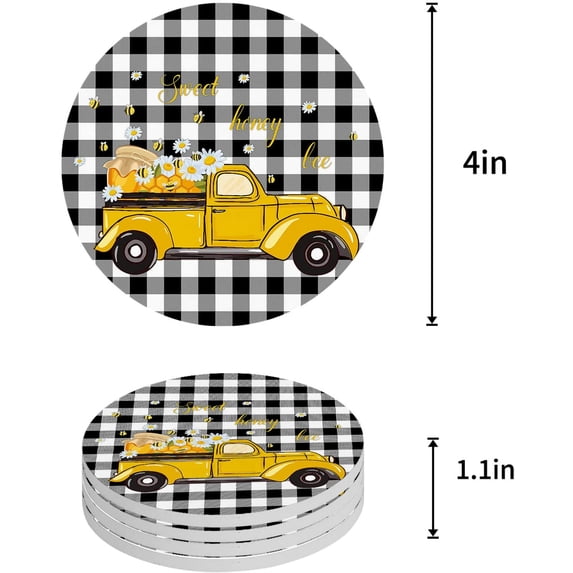ZHANZZK Summer Truck with Honey and Bee Black Plaid Texture Set of 4 Round Coaster for Drinks, Absorbent Ceramic Stone Coasters Cup Mat with Cork Base for Home Kitchen Room Coffee Table Bar Decor