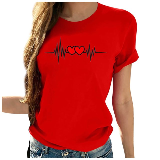 RKSTN Blouses pour Femmes Mode Été Décontracté Imprimé Graphique Hauts Chandail Col Rond Manches Courtes Chemises Couleur Unie