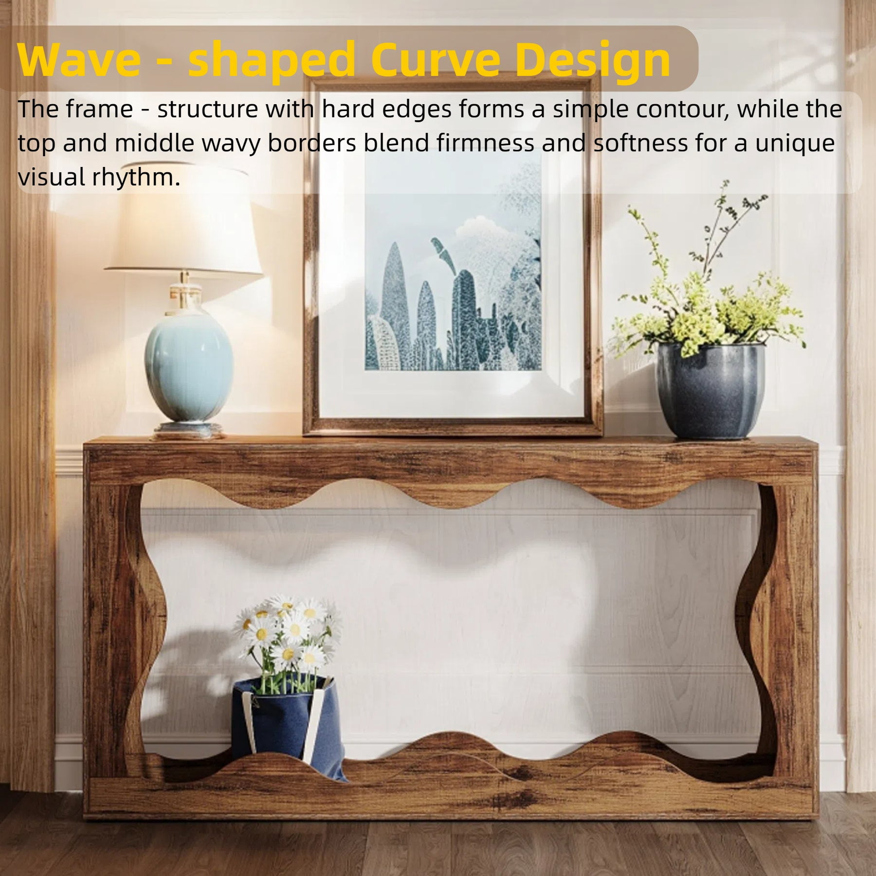 Fnova 63" Long Farmhouse Console Table for Entryway, Wave-Shaped Wood Entryway Table, Sofa Table for Living Room, Dark Brown