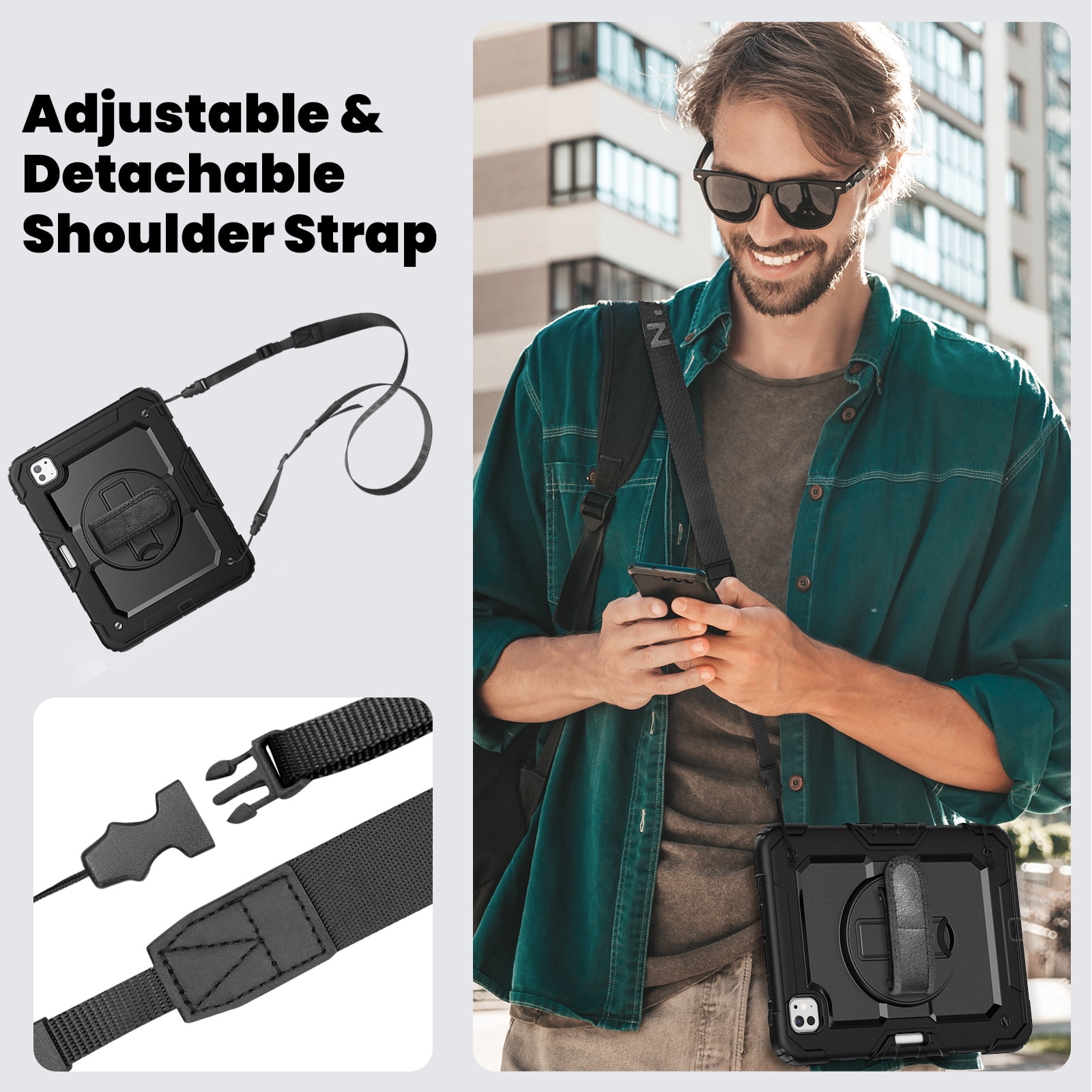 Allytechgroup Rugged Shockproof Case for Apple iPad Pro 11 Inch M4 2024, [Build in Screen Protector] Protective Hand Strap Kickstand [Shoulder Strap] Pencil Holder Kids Friendly Case Cover,Black
