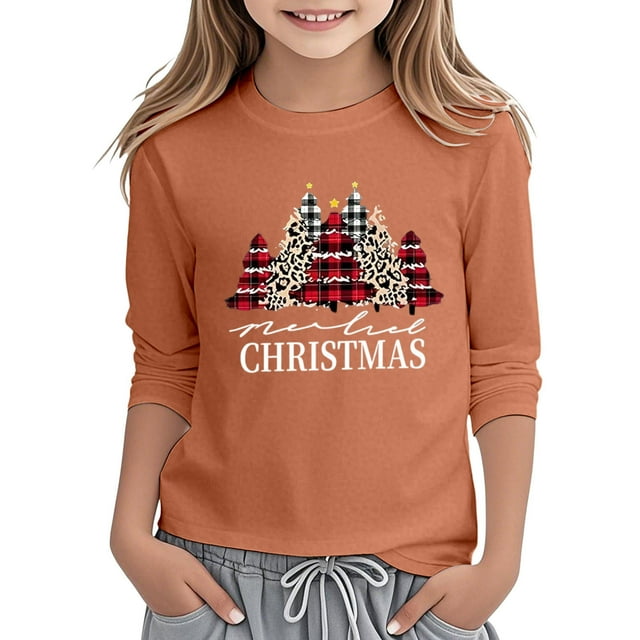 SOMOWI T-Shirts de Noël pour Filles Imprimé Festif Manches Longues Col Rond Doux Mignon Tout-Petits Orange Sortie Automne Hauts 7-8 Ans
