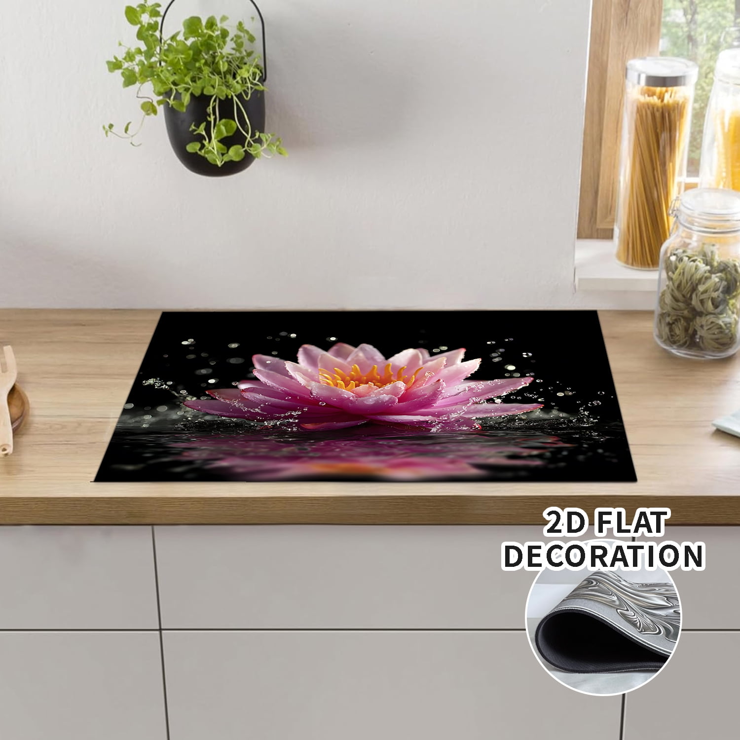 Lotus Stove Cover, Black Non Slip Kitchen Electric Stove Pad Washable 20x28inch, Heat Resist Gas Range Mat Induction Kitchen Decor Cooktop Protector Pad, 1Pc