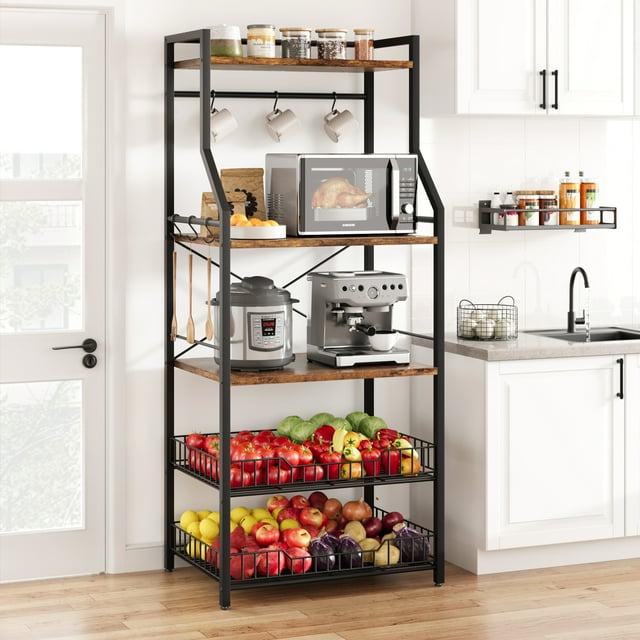Bingirl Rustic Microwave Stand, 5-Tier Storage Rack with Adjustable Feet and Anti-Tip Kit, Engineered Wood