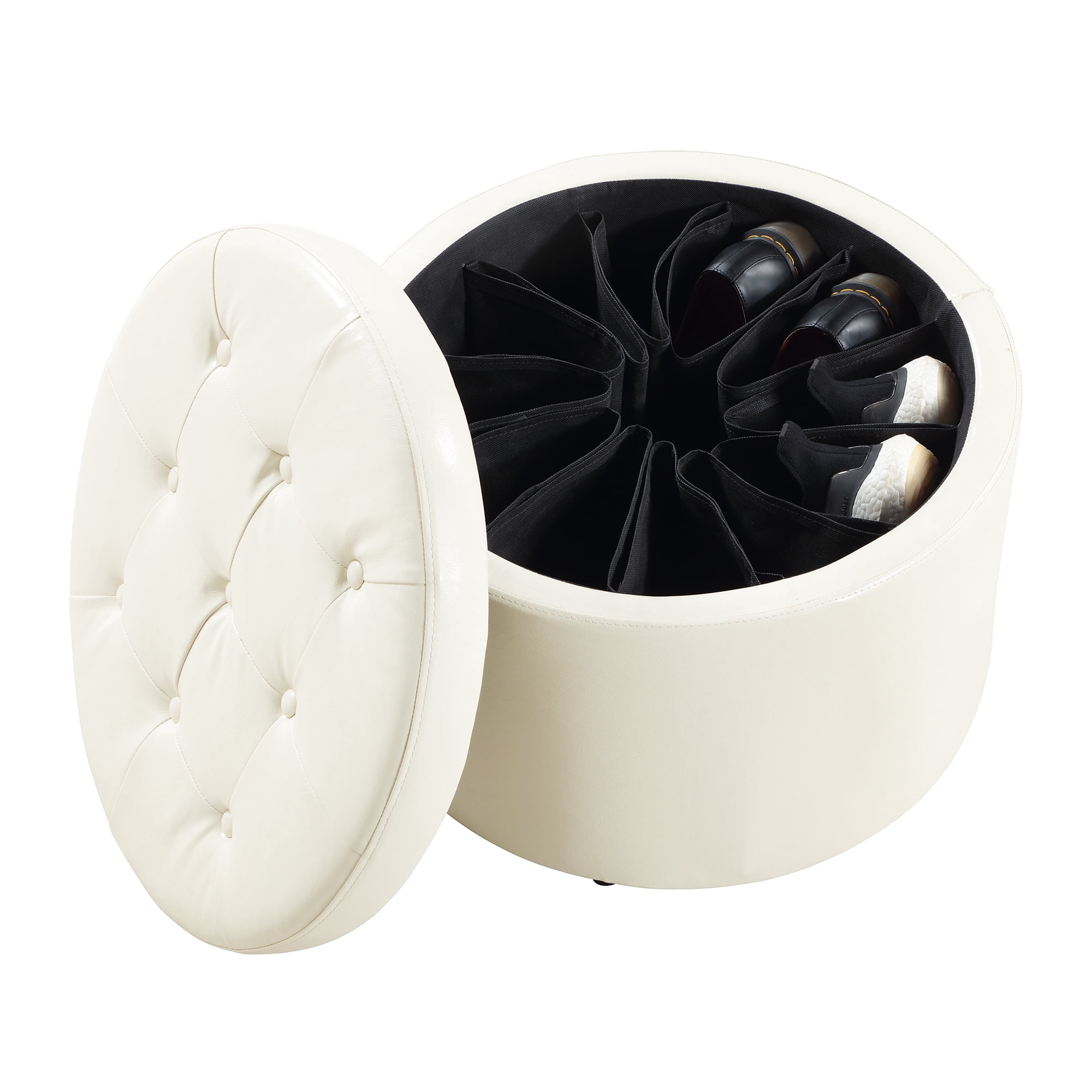 Convenience Concepts Designs4Comfort Round Shoe Storage Ottoman with Reversible Tray Table Lid, Ivory Vegan Leather