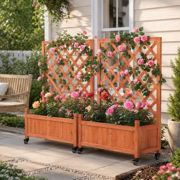 Sciengarden 2 Pack Outdoor Planter Box with Lattice Trellis and Wheels, 38" H Wooden Raised Garden Bed with Drainage Holes for Climbing Plants