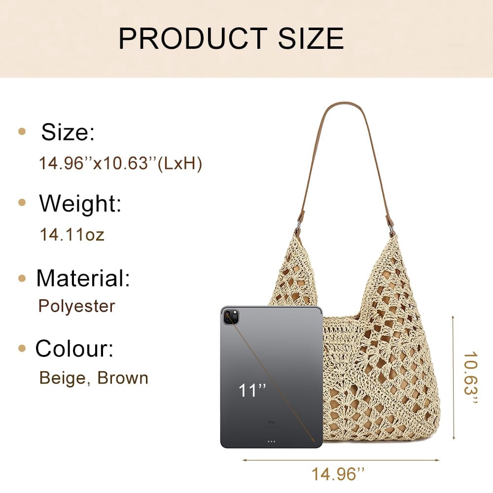 Omlopp Straw Beach Tote Bag for Women Raffia Crochet Purse Large Summer Hobo Woven Shoulder Handbag for Vacation